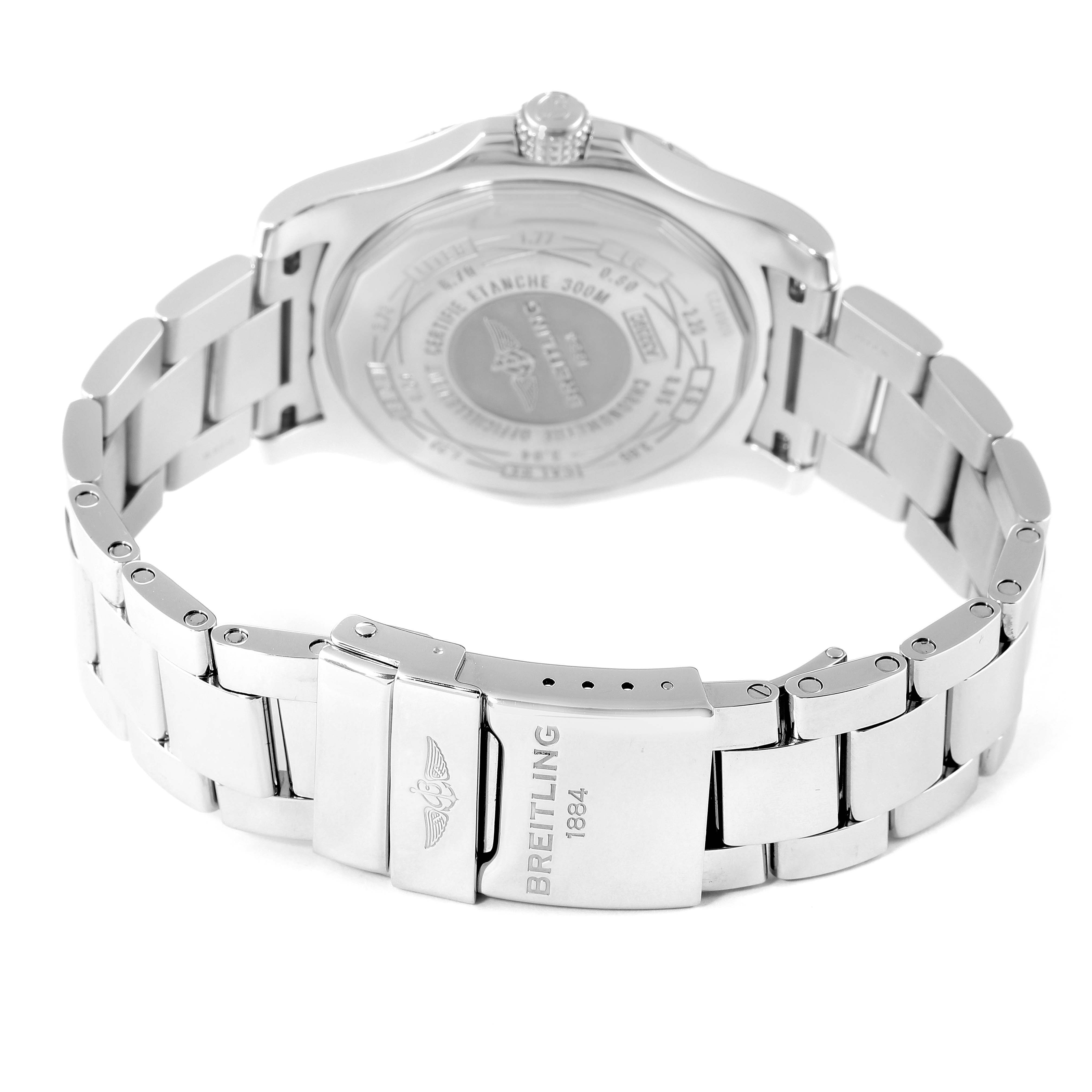 The image shows the back view of the Breitling Avenger A3239011-C872-170A Men's Stainless Steel Mother of Pearl Dial A3239011-C872-170A Men's Stainless Steel Mother of Pearl Dial watch, highlighting its stainless steel bracelet and clasp.