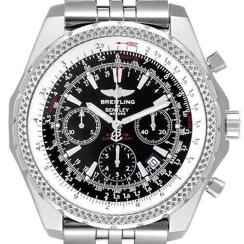 The Breitling Bentley A25362 Men's Stainless Steel Black Dial A25362 Men's Stainless Steel Black Dial watch is shown from a front view, highlighting the bezel, dial, and bracelet.