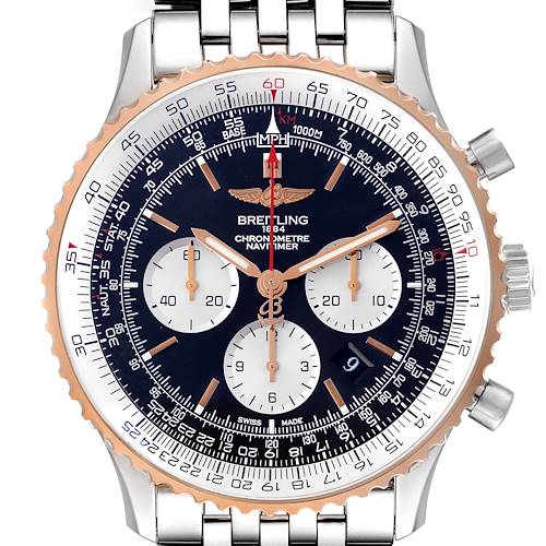 The Breitling Navitimer UB0127 Men's Steel and Gold (two tone) Black Dial UB0127 Men's Steel and Gold (two tone) Black Dial watch is shown from a top-down angle, highlighting the bezel, dial, subdials, and bracelet.