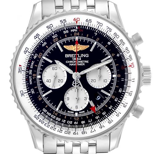 The Breitling Navitimer AB0441 Men's Stainless Steel Black Dial AB0441 Men's Stainless Steel Black Dial watch is shown from the front, displaying its face, bezel, and part of the bracelet.