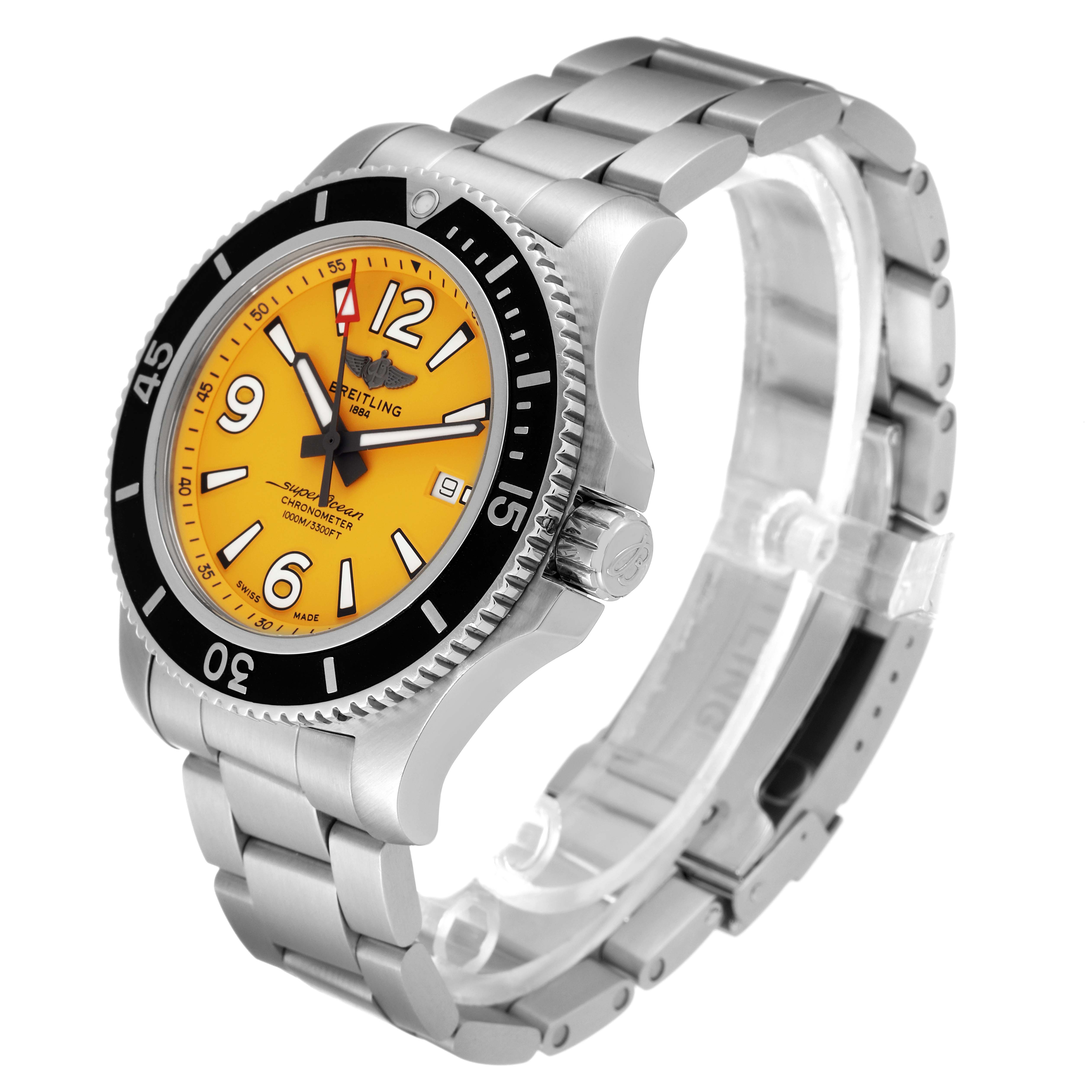 The image shows a Breitling Superocean A17367021I1A1 Men's Stainless Steel Yellow Dial A17367021I1A1 Men's Stainless Steel Yellow Dial watch at a three-quarter angle displaying its bright yellow dial and metal bracelet.