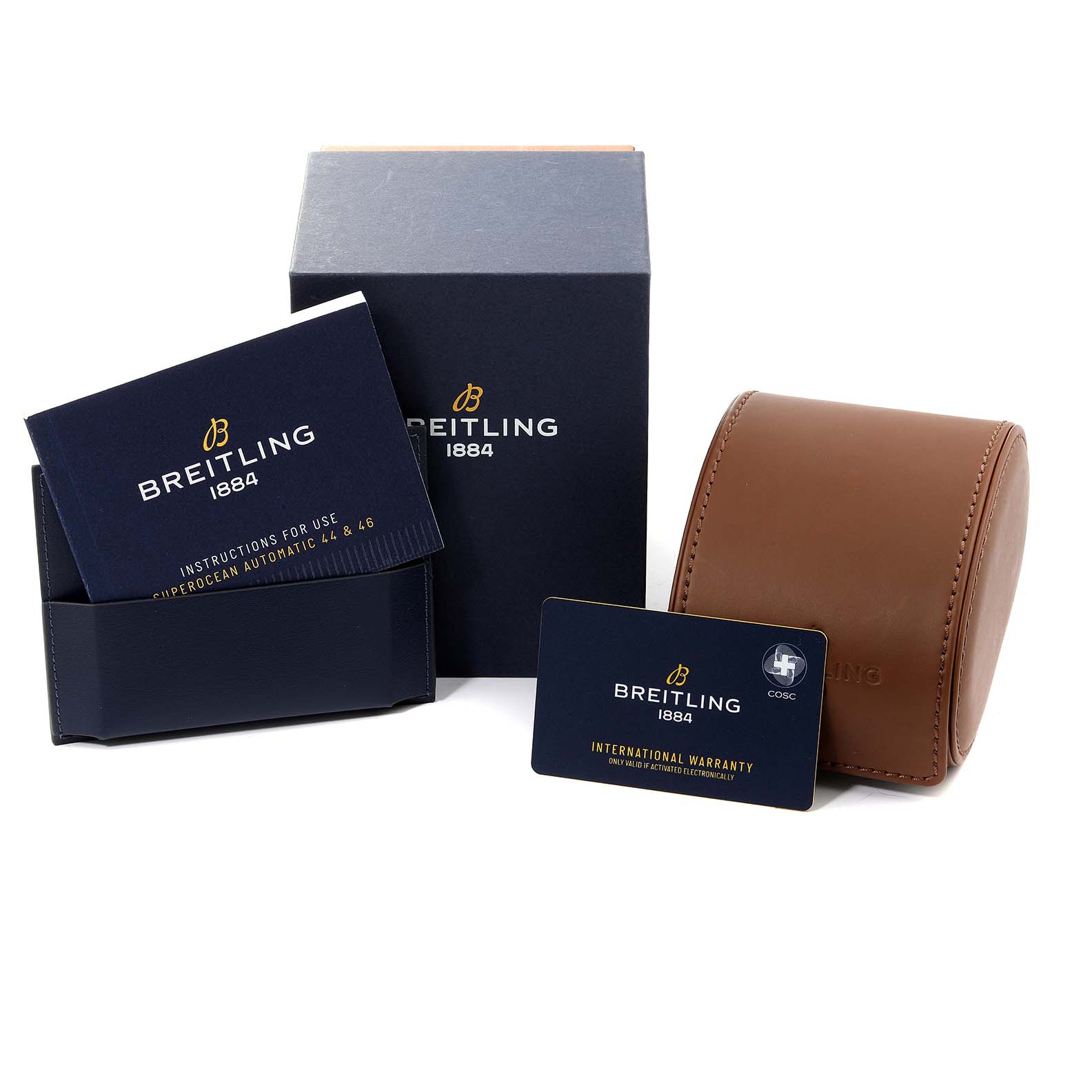 The image shows the accessories of a Breitling Superocean A17367021I1A1 Men's Stainless Steel Yellow Dial A17367021I1A1 Men's Stainless Steel Yellow Dial watch, including manuals, an international warranty card, and a watch case.