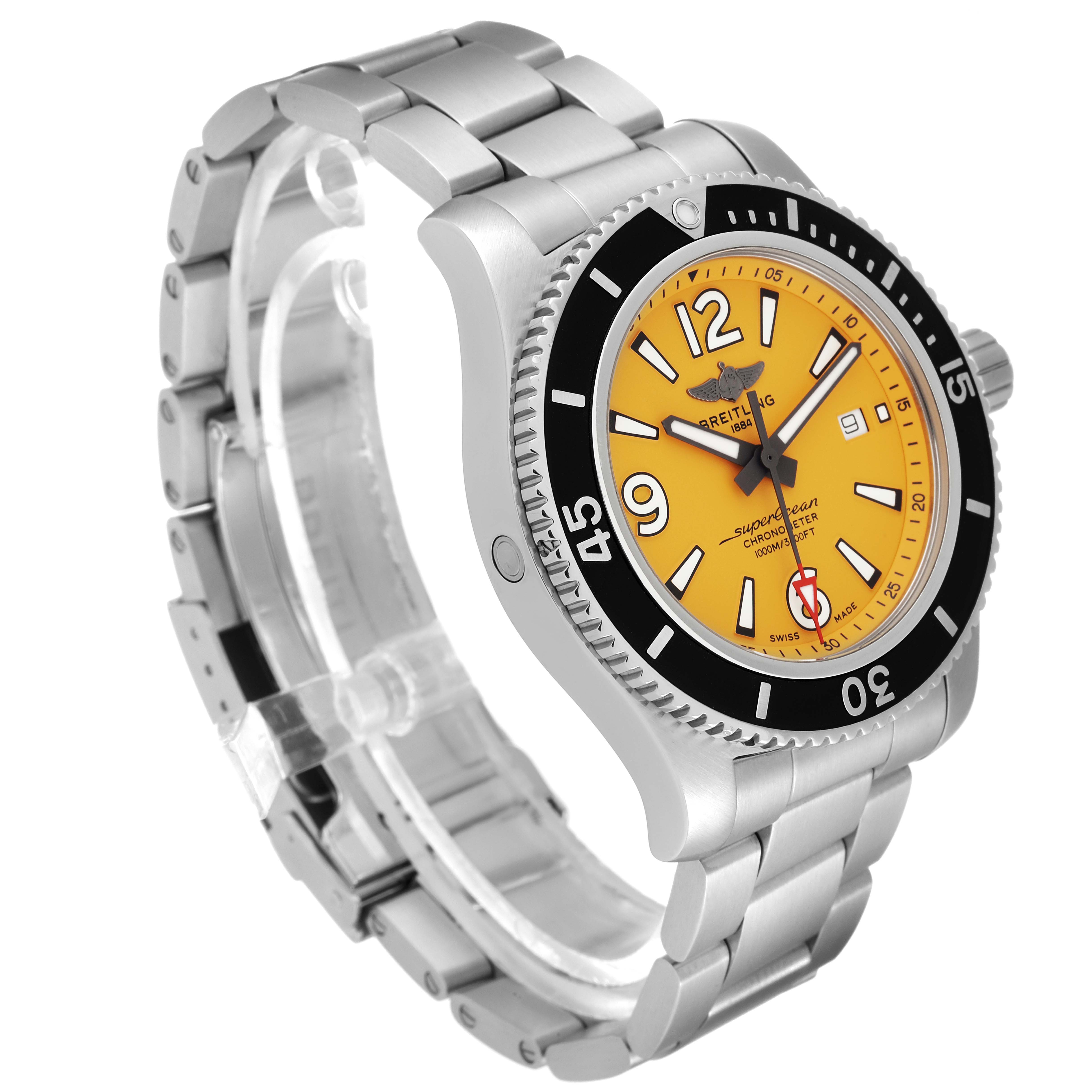 The image shows a Breitling Superocean A17367021I1A1 Men's Stainless Steel Yellow Dial A17367021I1A1 Men's Stainless Steel Yellow Dial watch at an angled side view, highlighting the face, bezel, and metal strap.