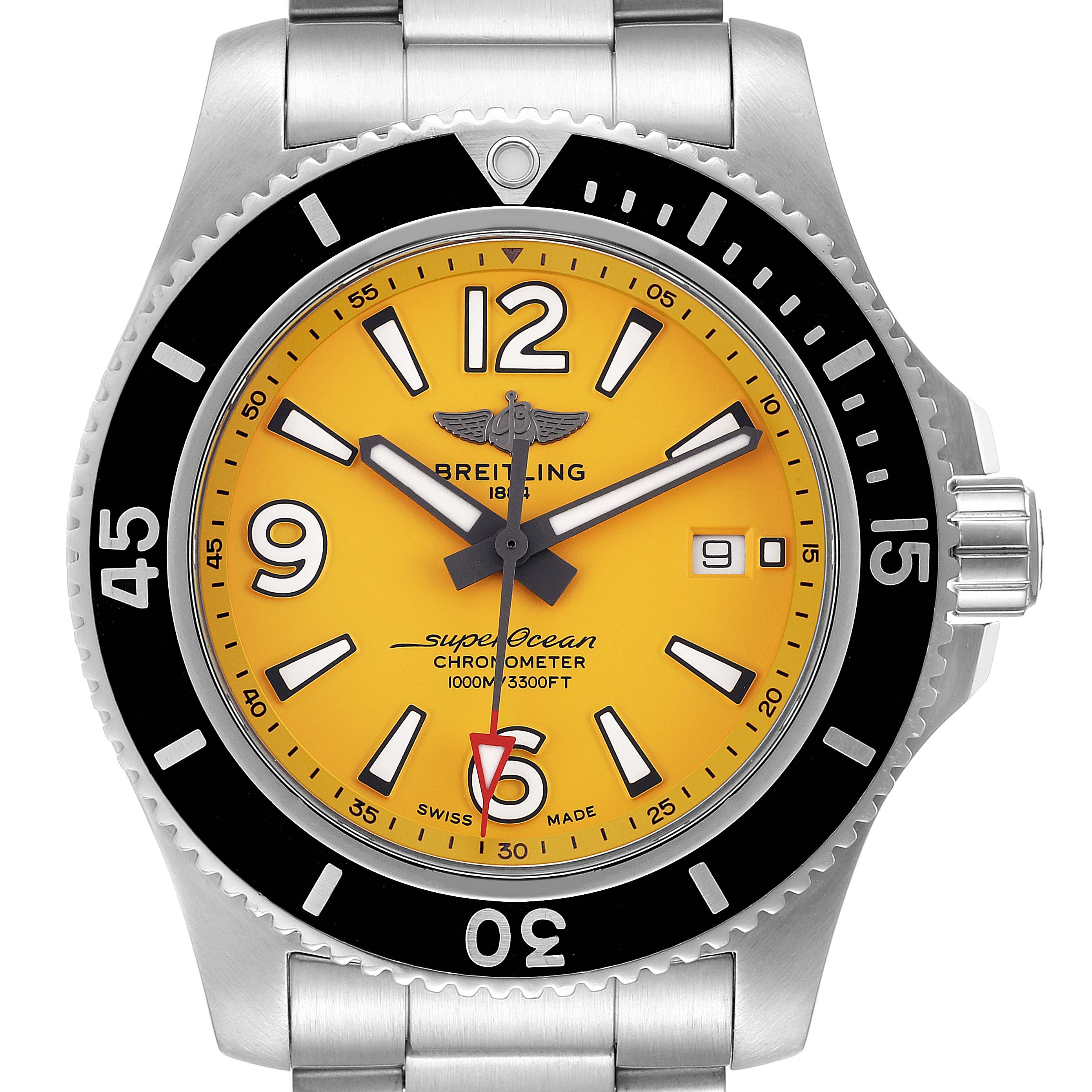 The image shows a front view of the Breitling Superocean A17367021I1A1 Men's Stainless Steel Yellow Dial A17367021I1A1 Men's Stainless Steel Yellow Dial watch, highlighting its yellow dial, black bezel, and stainless steel bracelet.
