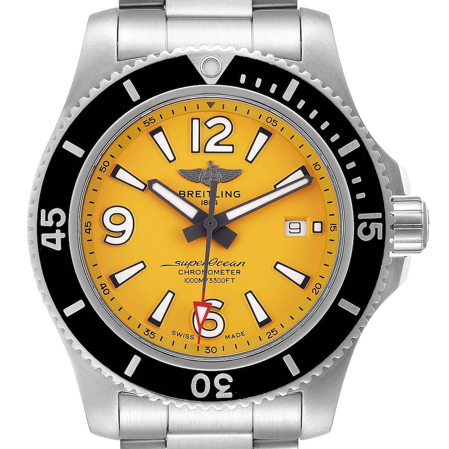 The image shows a front view of the Breitling Superocean A17367021I1A1 Men's Stainless Steel Yellow Dial A17367021I1A1 Men's Stainless Steel Yellow Dial watch, highlighting its yellow dial, black bezel, and stainless steel bracelet.