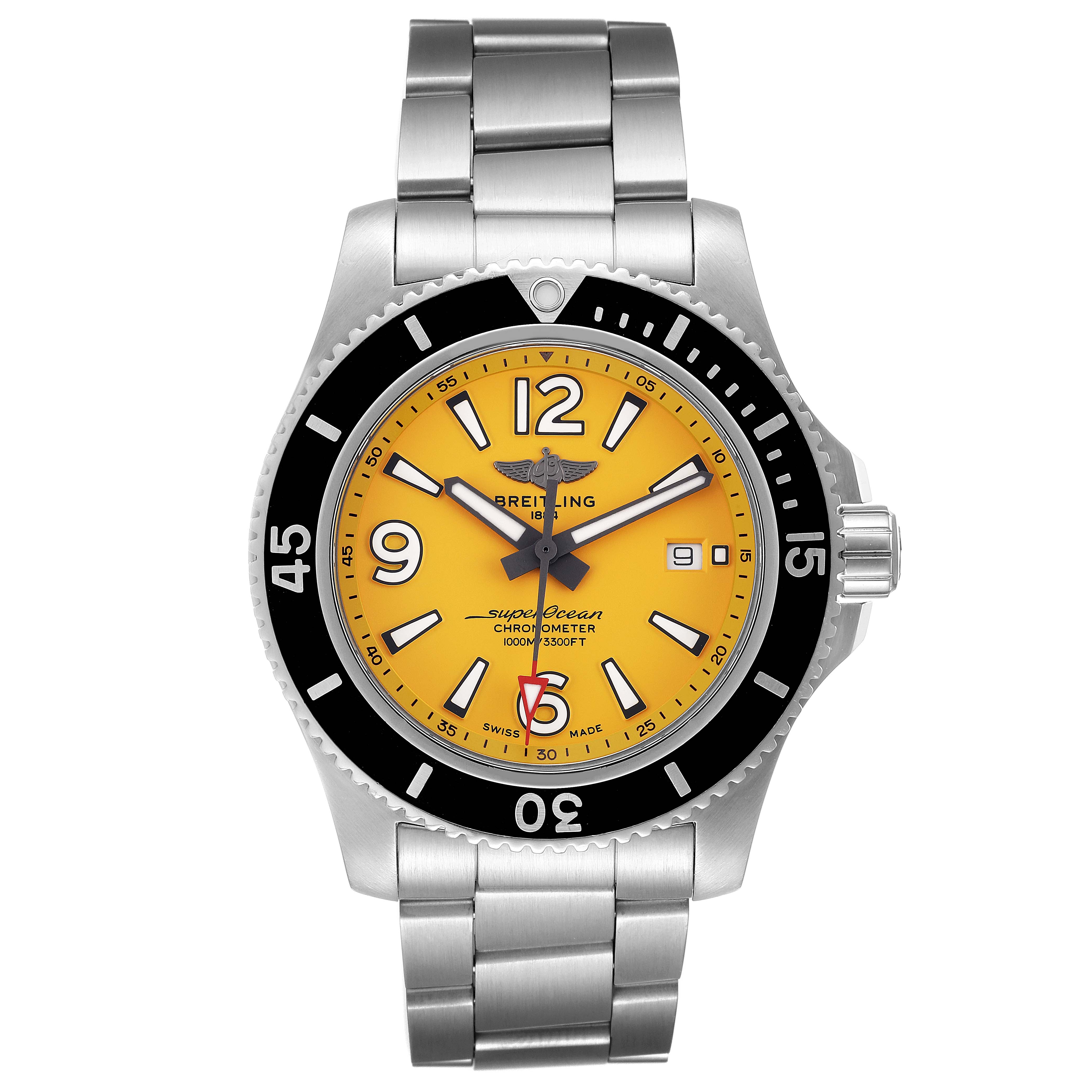 This Breitling Superocean A17367021I1A1 Men's Stainless Steel Yellow Dial A17367021I1A1 Men's Stainless Steel Yellow Dial watch is shown from a front angle, highlighting its dial, bezel, case, and bracelet.