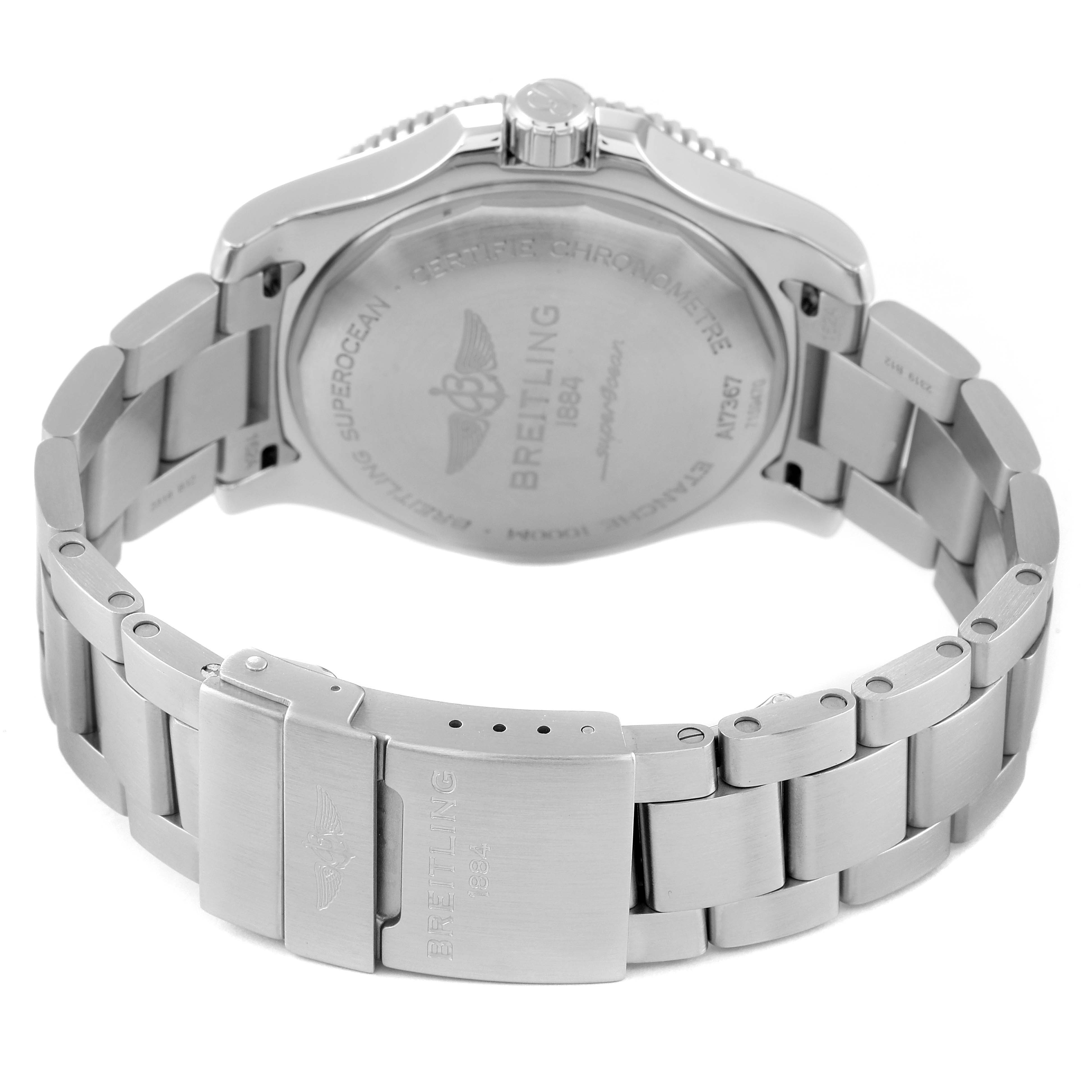The image shows the back view of a Breitling Superocean A17367021I1A1 Men's Stainless Steel Yellow Dial A17367021I1A1 Men's Stainless Steel Yellow Dial watch, highlighting the case back and stainless steel bracelet with clasp.