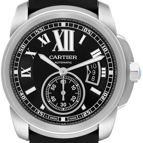 This image displays a front view of a Calibre de Cartier watch by Cartier, highlighting its face, dial, and crown.