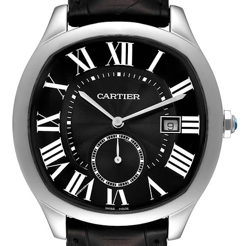 The image shows a front view of the black dial and case of a Drive de Cartier model watch by Cartier, displaying the time and date.