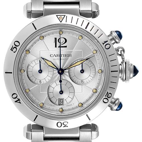 This image shows a frontal view of the Cartier Pasha W31030H3 Men's Stainless Steel Silver Dial W31030H3 Men's Stainless Steel Silver Dial watch featuring its face, bezel, and metallic strap connectors.