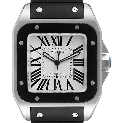 The image shows a close-up of the dial and case of a Cartier Santos W20121U2 Men's Stainless Steel Silver Dial W20121U2 Men's Stainless Steel Silver Dial model watch, displaying the Roman numeral indices and black strap.