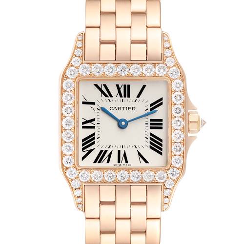 The image shows a front view of a Cartier Santos Demoiselle WF9007Z8 Women's Rose Gold Silver Dial WF9007Z8 Women's Rose Gold Silver Dial watch with a diamond-studded bezel and a gold bracelet.