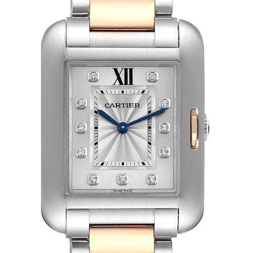 This image shows a front view of the Cartier Tank Anglaise WT100032 Women's Steel and Gold (two tone) Silver Dial WT100032 Women's Steel and Gold (two tone) Silver Dial watch, highlighting the dial, hands, and part of the bracelet.