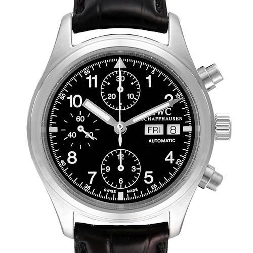 The image shows a front view of an IWC Pilot IW370603 Men's Stainless Steel Black Dial IW370603 Men's Stainless Steel Black Dial watch, featuring a black dial, chronograph subdials, and a black leather strap.