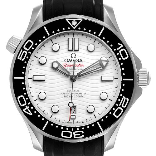 This Omega Seamaster 210.32.42.20.04.001 Men's Stainless Steel White Dial 210.32.42.20.04.001 Men's Stainless Steel White Dial watch is shown from the front, displaying its white dial, black bezel, and rubber strap.