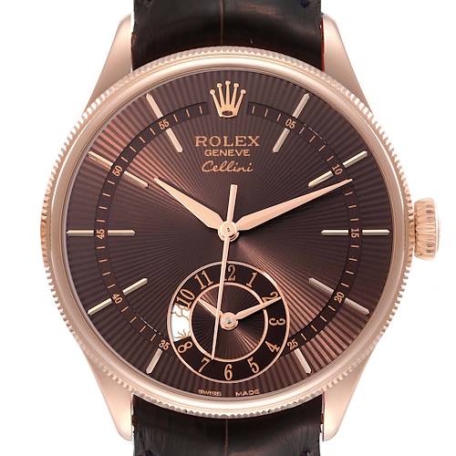 The Rolex Cellini 50525 Men's Rose Gold Brown Dial 50525 Men's Rose Gold Brown Dial watch is shown from a front angle, displaying its dial, hands, crown, and part of the leather strap.