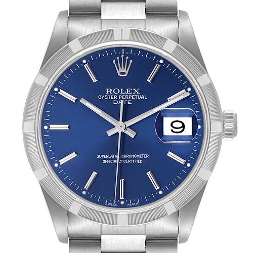 This image shows a front view of a Rolex Date 15210 Men's Stainless Steel Blue Dial 15210 Men's Stainless Steel Blue Dial model watch, highlighting the face, bezel, hour markers, and date window.