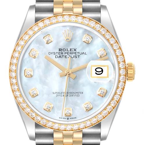 The image shows a front view of the Rolex Datejust 126283 Men's Steel and Gold (two tone) Mother of Pearl Dial 126283 Men's Steel and Gold (two tone) Mother of Pearl Dial watch, highlighting its dial, bezel, and part of the bracelet.