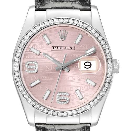 The Rolex Datejust 116189 Men's White Gold Pink Dial 116189 Men's White Gold Pink Dial watch is shown from the front, highlighting the pink dial, diamond bezel, and date window.