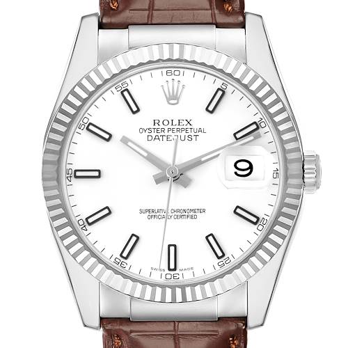 This Rolex Datejust 116139 Men's White Gold White Dial 116139 Men's White Gold White Dial watch is shown from a front view, highlighting the dial, bezel, date window, and brown leather strap.
