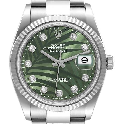 The image shows a front view of a Rolex Datejust 126234 Men's Stainless Steel Green Dial 126234 Men's Stainless Steel Green Dial watch, highlighting the green dial, date window, and diamond hour markers.