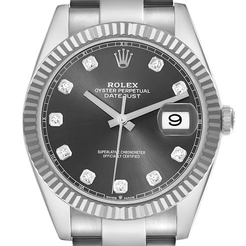 The Rolex Datejust 41 126334 Men's Stainless Steel Grey Dial 126334 Men's Stainless Steel Grey Dial watch is shown from a front angle, highlighting the dial, bezel, and part of the bracelet.