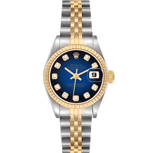 The Rolex Datejust 69173 Women's Steel and Gold (two tone) Blue Dial 69173 Women's Steel and Gold (two tone) Blue Dial watch is shown from a front angle, highlighting its jubilee bracelet, fluted bezel, and date feature.