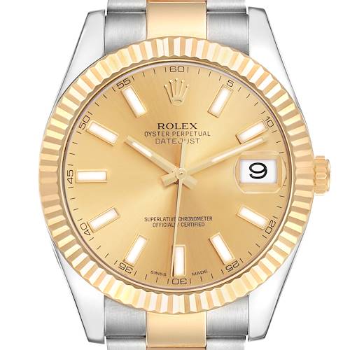 The Rolex Datejust 116333 Men's Steel and Gold (two tone) Champagne Dial 116333 Men's Steel and Gold (two tone) Champagne Dial watch is shown from the front, highlighting its gold dial, fluted bezel, and jubilee bracelet.