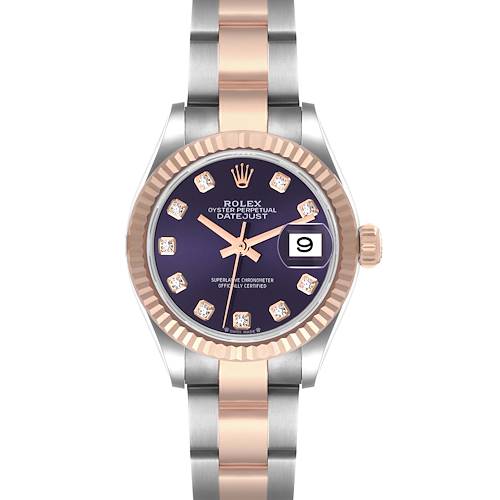 The image shows a front view of a Rolex Datejust 279171 Women's Rose Gold Purple Dial 279171 Women's Rose Gold Purple Dial watch, highlighting its dial, bezel, bracelet, and crown.