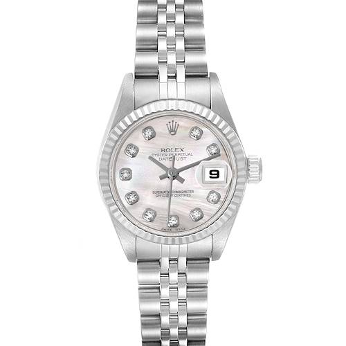 The Rolex Datejust 79174 Women's Stainless Steel Mother of Pearl Dial 79174 Women's Stainless Steel Mother of Pearl Dial watch is shown in a top-down view, displaying the dial, bezel, and Jubilee bracelet.
