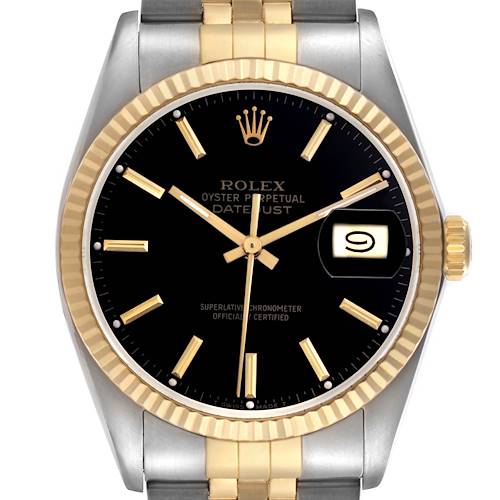 The Rolex Vintage Collection 16013 Men's Steel and Gold (two tone) Black Dial 16013 Men's Steel and Gold (two tone) Black Dial watch is shown from the front, highlighting the dial, hands, bezel, and partial bracelet.
