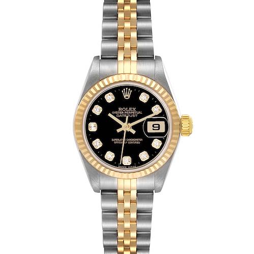 The Rolex Datejust 79173 Women's Steel and Gold (two tone) Black Dial 79173 Women's Steel and Gold (two tone) Black Dial watch is shown from a top-down angle, highlighting its dial, bezel, and bracelet.