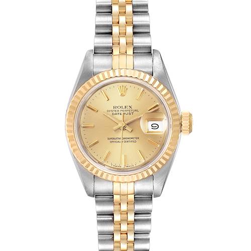 The Rolex Datejust 69173 Women's Steel and Gold (two tone) Champagne Dial 69173 Women's Steel and Gold (two tone) Champagne Dial watch is shown from a top-down angle, displaying its face, bezel, crown, and two-tone bracelet.