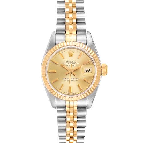 This Rolex Datejust 69173 Women's Steel and Gold (two tone) Champagne Dial 69173 Women's Steel and Gold (two tone) Champagne Dial watch is shown from a front view, highlighting the dial, bezel, date window, and two-tone bracelet.