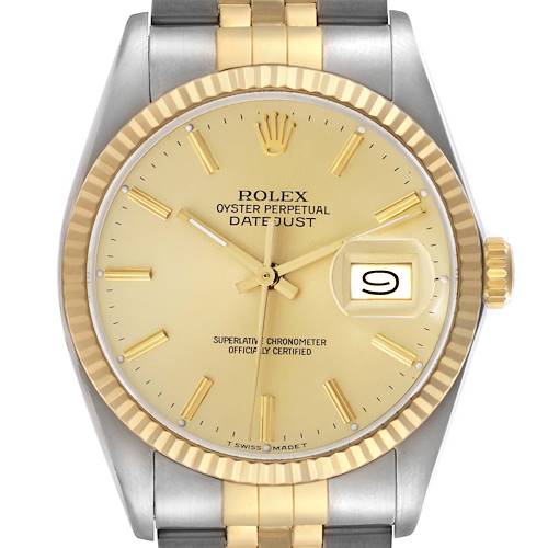 The Rolex Vintage Collection 16013 Men's Steel and Gold (two tone) Champagne Dial 16013 Men's Steel and Gold (two tone) Champagne Dial model is shown from the front, highlighting the dial, bezel, and part of the bracelet.