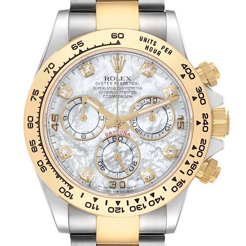 The Rolex Daytona 116503 Men's Steel and Gold (two tone) Mother of Pearl Dial 116503 Men's Steel and Gold (two tone) Mother of Pearl Dial watch is shown from the front, highlighting the dial, bezel, sub-dials, crown, and part of the bracelet.