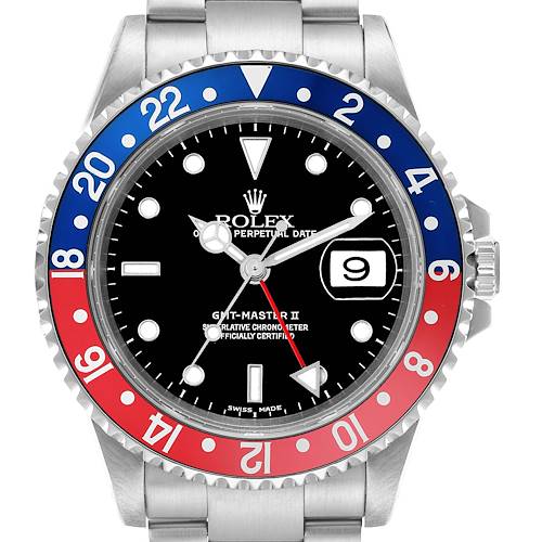 The Rolex GMT-Master 16710 Men's Stainless Steel Black Dial 16710 Men's Stainless Steel Black Dial II is shown from the front, highlighting the bezel, dial, and bracelet.