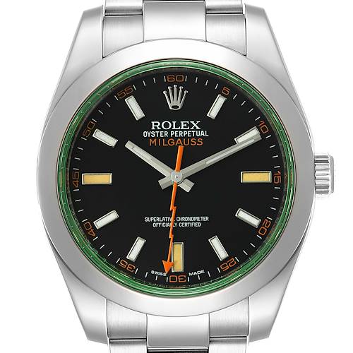 The image shows the face of a Rolex Milgauss 116400V Men's Stainless Steel Black Dial 116400V Men's Stainless Steel Black Dial watch, angled straight on, including the dial, hands, and part of the bracelet.
