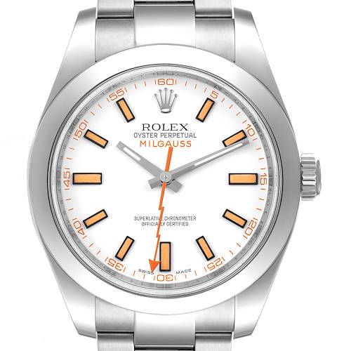 This is a close-up front view of a Rolex Milgauss 116400V Men's Stainless Steel White Dial 116400V Men's Stainless Steel White Dial watch showing the dial, hands, bezel, and part of the bracelet.