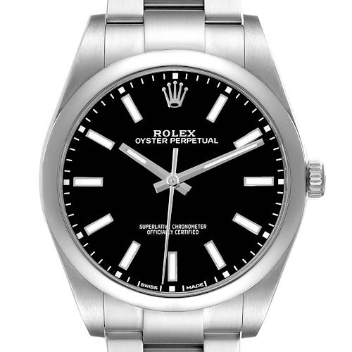 The Rolex Oyster Perpetual 114300 Men's Stainless Steel Black Dial 114300 Men's Stainless Steel Black Dial watch is shown from the front, displaying its dial, bezel, and part of the bracelet.