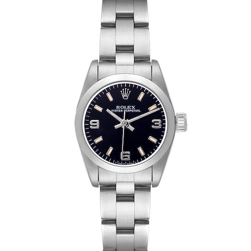 The watch is shown from a front angle, displaying the dial, case, bracelet, and crown of the Rolex Oyster Perpetual 67180 Women's Stainless Steel Black Dial 67180 Women's Stainless Steel Black Dial.