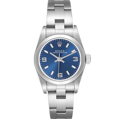 The image shows a front view of a Rolex Oyster Perpetual 76080 Women's Stainless Steel Blue Dial 76080 Women's Stainless Steel Blue Dial watch, displaying its blue dial, hands, bezel, and stainless steel bracelet.