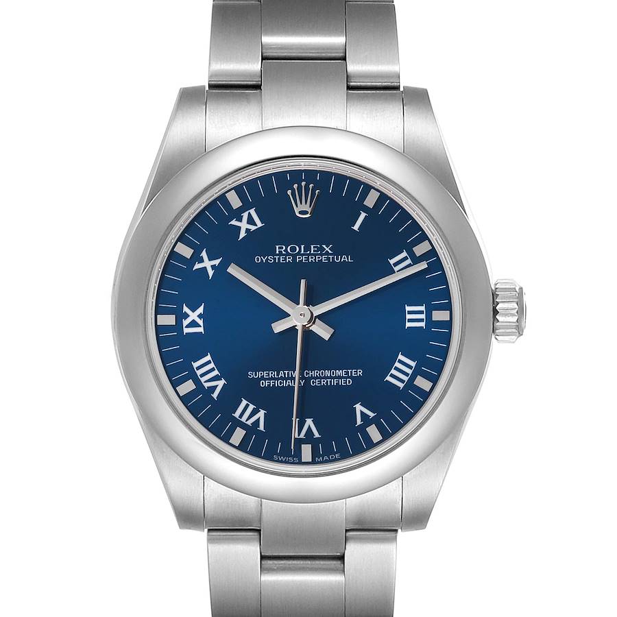 This Rolex Mid-Size 177200 Women's Stainless Steel Blue Dial 177200 Women's Stainless Steel Blue Dial model is shown from a head-on angle, highlighting the dial, bezel, and part of the bracelet.
