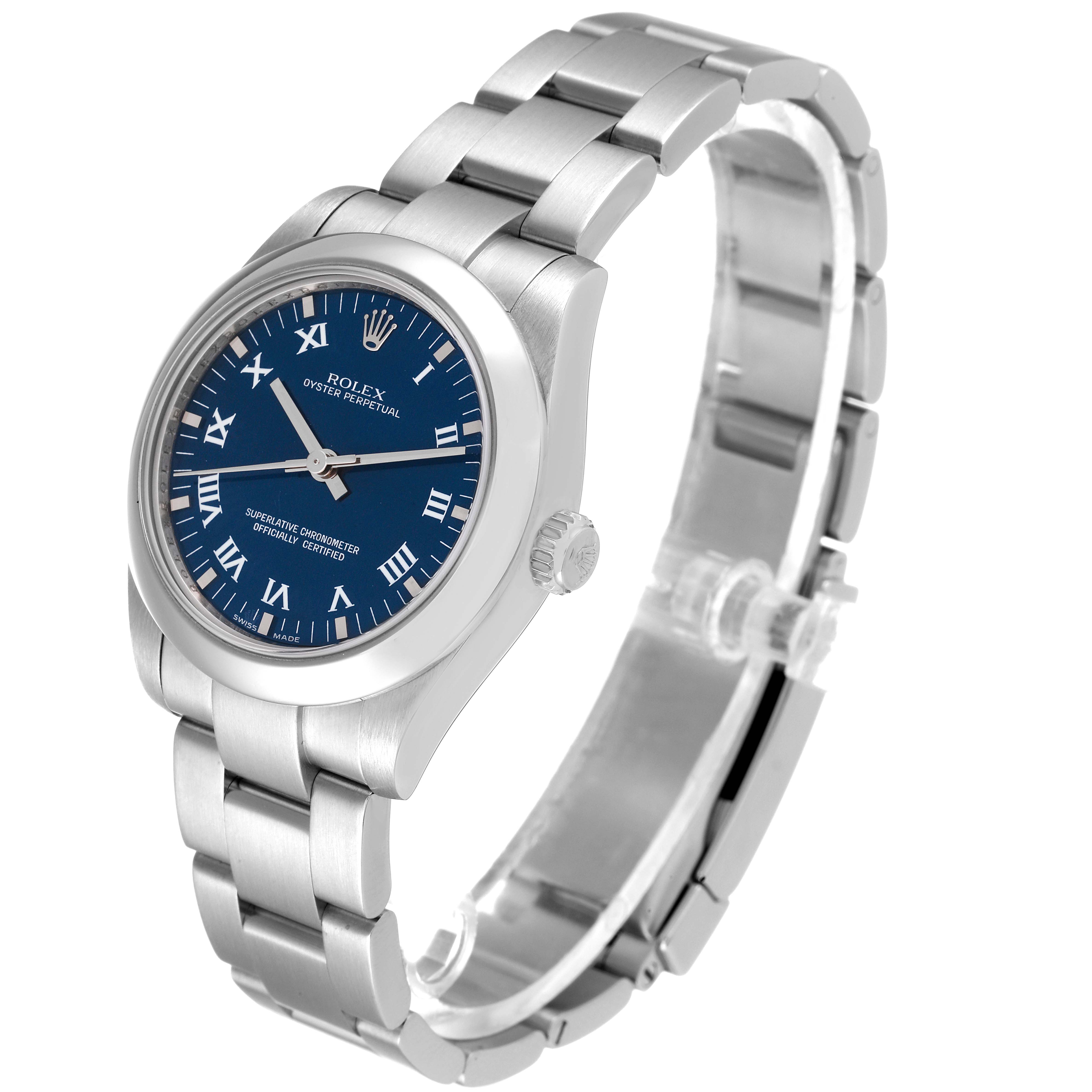 The image shows a Rolex Mid-Size 177200 Women's Stainless Steel Blue Dial 177200 Women's Stainless Steel Blue Dial Oyster Perpetual watch from an angled side view, highlighting the bracelet, crown, and blue dial.