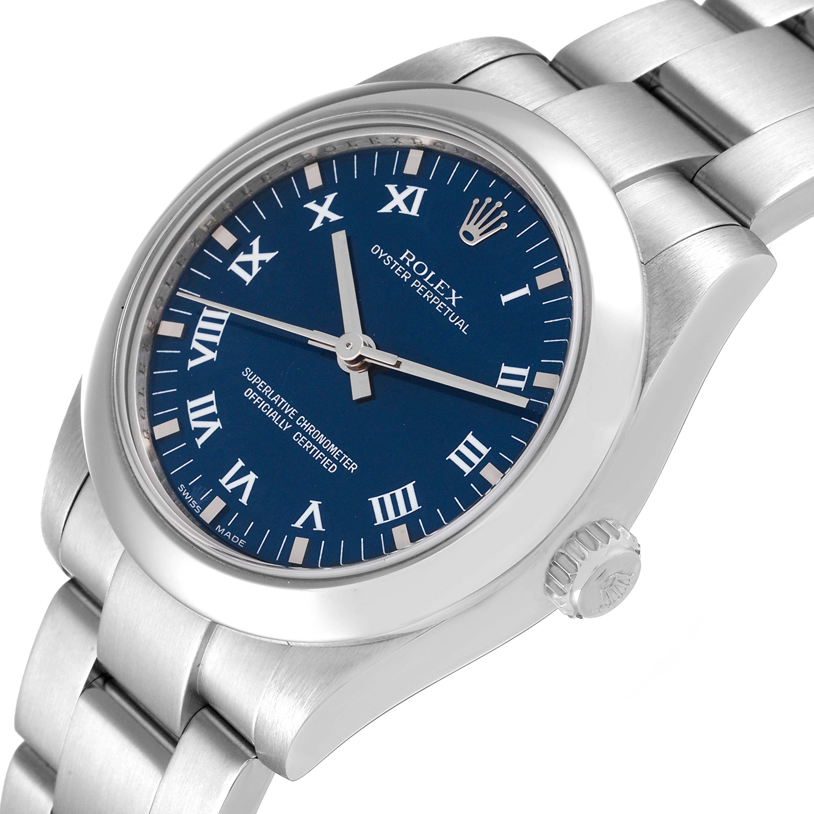 The Rolex Mid-Size 177200 Women's Stainless Steel Blue Dial 177200 Women's Stainless Steel Blue Dial model is shown at an angled view, displaying its blue dial, Roman numerals, and stainless steel bracelet.