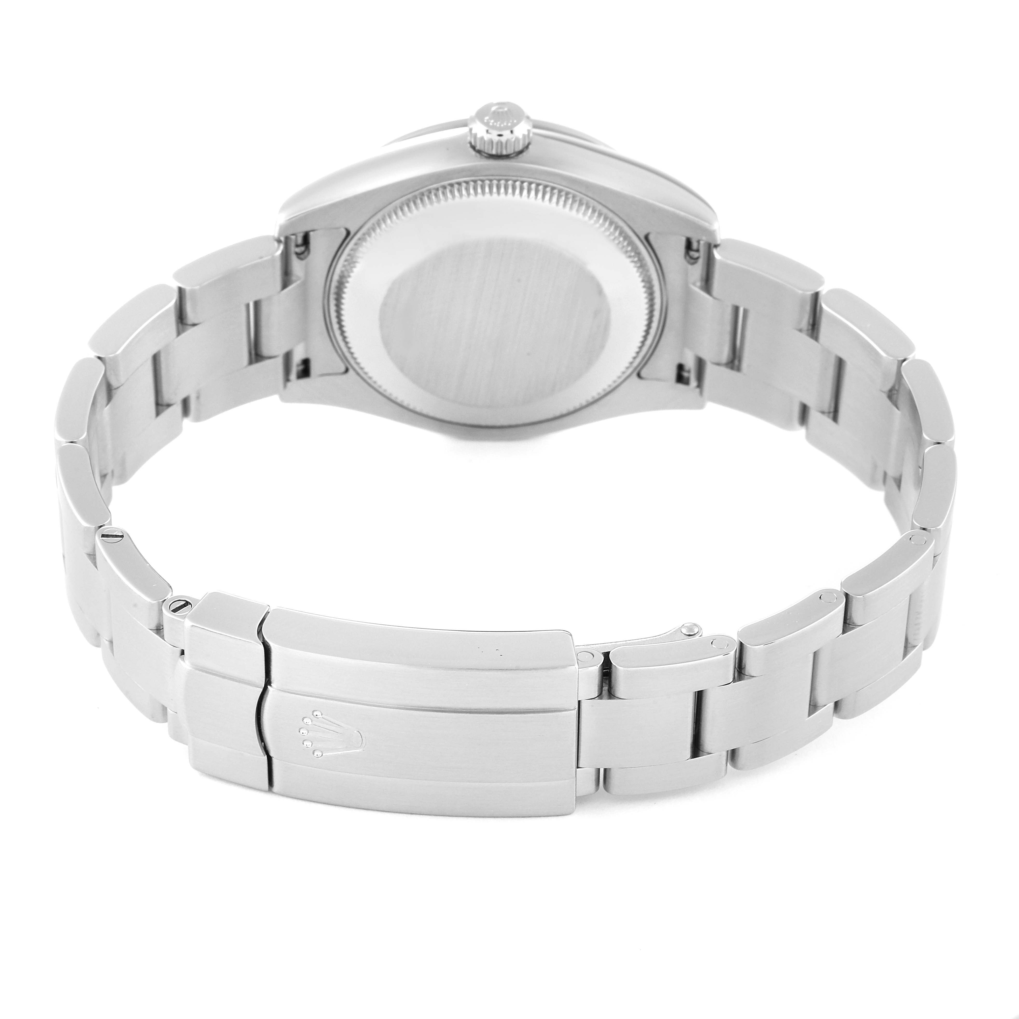 The image shows the back view of a Rolex Mid-Size 177200 Women's Stainless Steel Blue Dial 177200 Women's Stainless Steel Blue Dial model, highlighting its stainless steel bracelet and clasp.