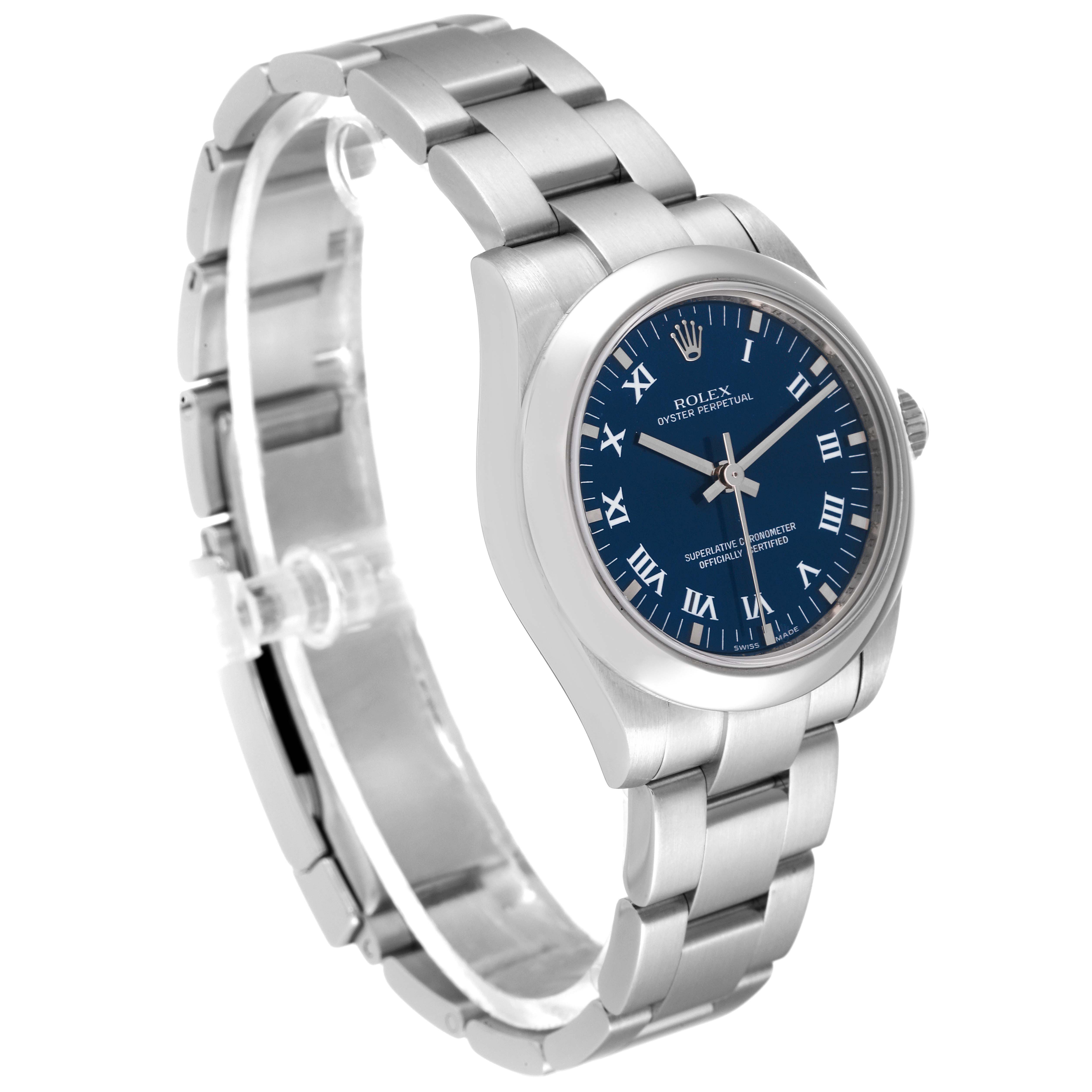 The Rolex Mid-Size 177200 Women's Stainless Steel Blue Dial 177200 Women's Stainless Steel Blue Dial model showcases its blue dial and stainless steel bracelet from a three-quarter angle.