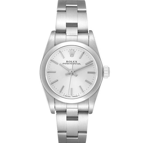 The image shows a frontal view of the Rolex Oyster Perpetual 76080 Women's Stainless Steel Silver Dial 76080 Women's Stainless Steel Silver Dial watch, displaying the dial, hands, and bracelet.