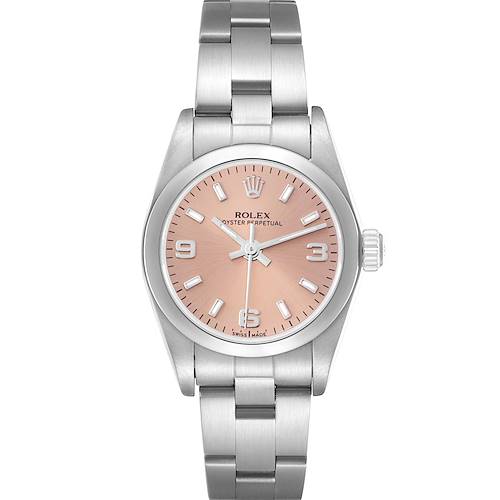 The Rolex Oyster Perpetual 76080 Women's Stainless Steel Pink Dial 76080 Women's Stainless Steel Pink Dial watch is shown from the front, displaying the face, bezel, bracelet, and crown.