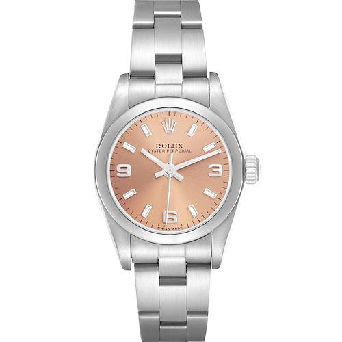 The Rolex Oyster Perpetual 76080 Women's Stainless Steel Pink Dial 76080 Women's Stainless Steel Pink Dial watch is shown from a top view, displaying the face, bezel, case, crown, and bracelet.
